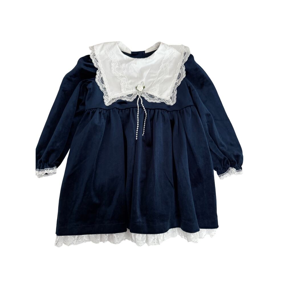 Vintage Positively Cottage Navy Velour Christmas Dress Girls Size 5 Made USA